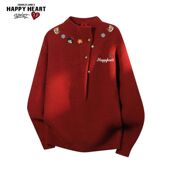 查尔斯桃心马年小猫半高领毛衣男女冬季 潮 2026新款 红色情侣针织衫