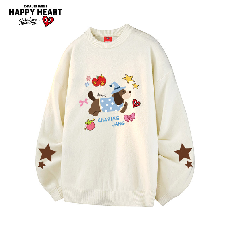 查尔斯桃心趣味小狗印花毛衣男女冬季新款宽松休闲圆领针织衫衣服