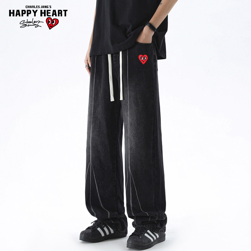 查尔斯桃心 美式复古线条牛仔裤男2026春秋新款松紧中腰宽松直筒