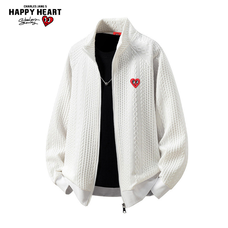 查尔斯桃心 美式麻花纹纯色立领外套男女春秋季宽松休闲情侣夹克