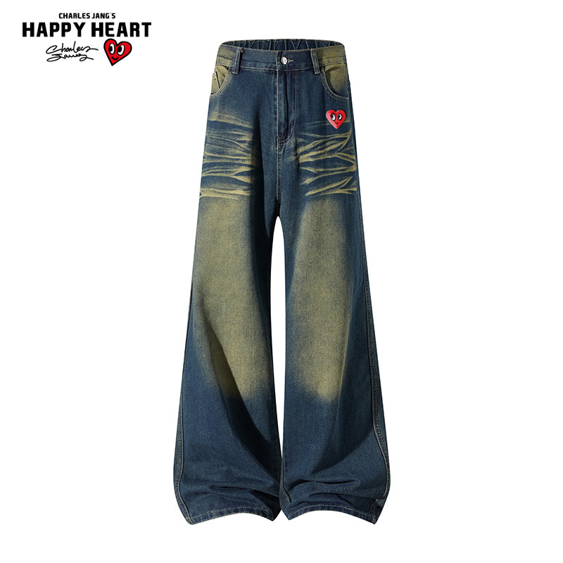 查尔斯桃心 复古中腰牛仔裤男春秋季宽松直筒水洗阔腿休闲长裤子