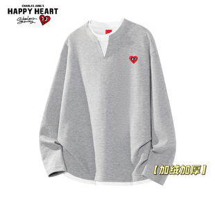 查尔斯桃心美式假两件亨利领加绒圆领卫衣男冬宽松百搭上衣打底