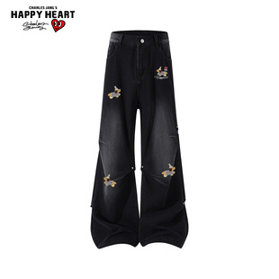 查尔斯桃心腊肠狗牛仔裤男款春秋冬季美式铆钉直筒水洗阔腿长裤子