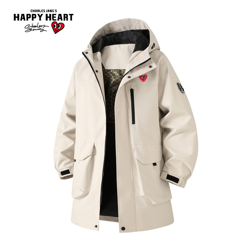 查尔斯桃心 美式大口袋中长款工装夹克男春秋季新款宽松连帽外套