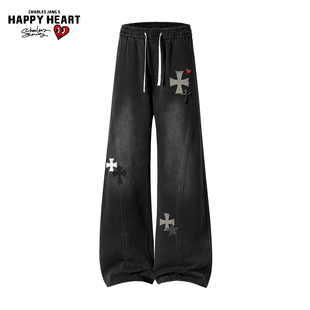 查尔斯桃心直筒水洗牛仔裤 潮 春秋宽松复古解构高级感休闲百搭长裤