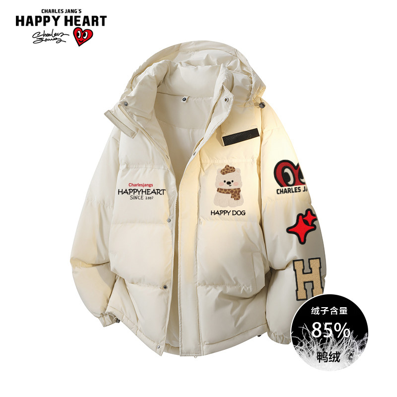 查尔斯桃心小狗印花连帽羽绒服男女冬季潮牌加厚防寒情侣新款外套
