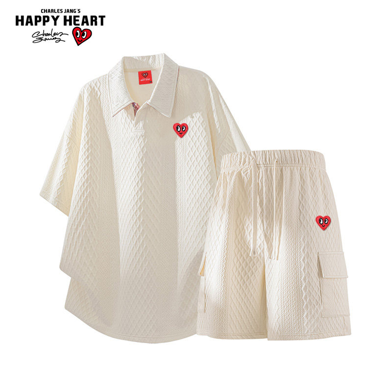 查尔斯桃心 华夫格休闲套装男士2026夏季新款T恤POLO衫短袖短裤潮