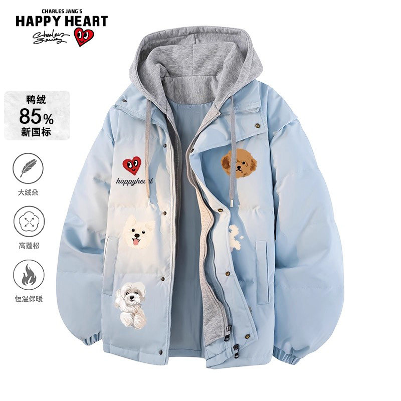 查尔斯桃心假两件连帽羽绒服85鸭绒冬季加厚保暖小狗印花防寒外套