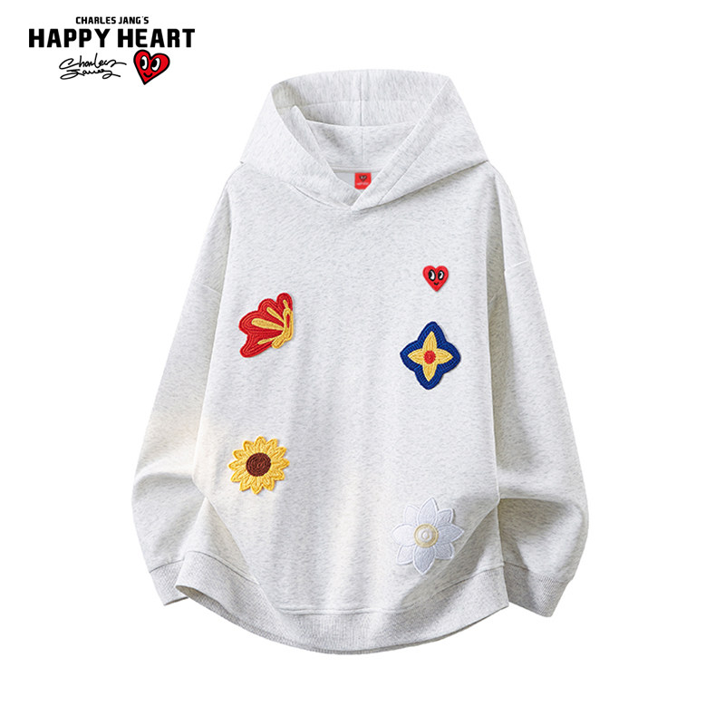 查尔斯桃心蝴蝶花卉刺绣连帽卫衣男女春秋季休闲百搭美式宽松上衣