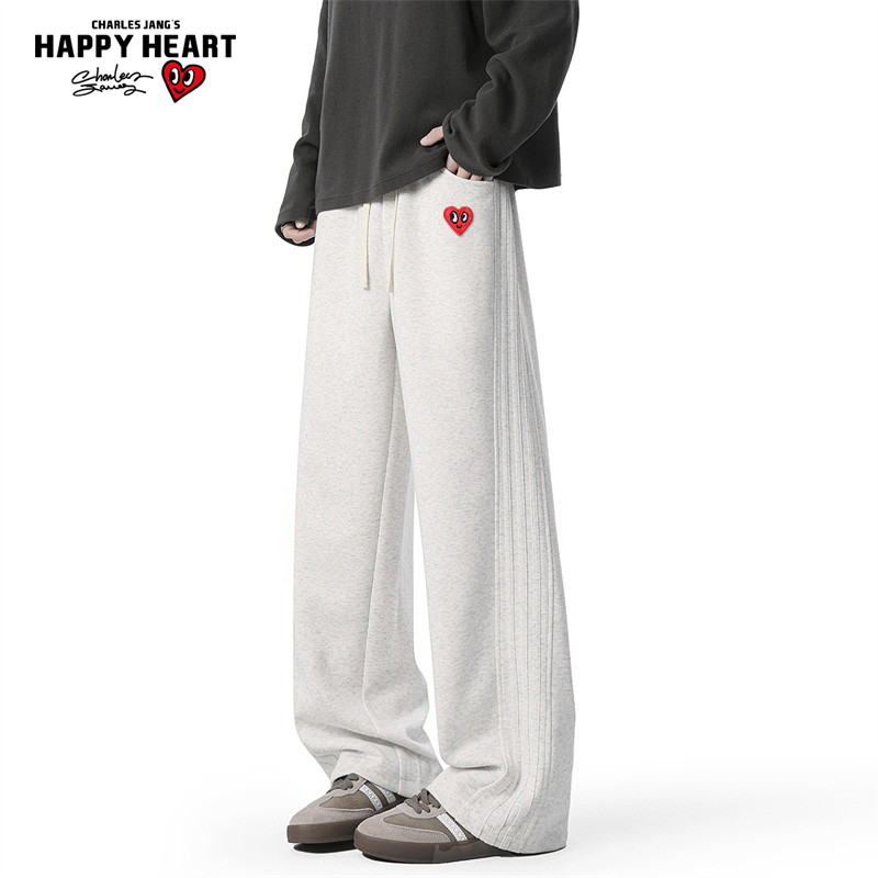 查尔斯桃心侧边褶皱直筒休闲长裤