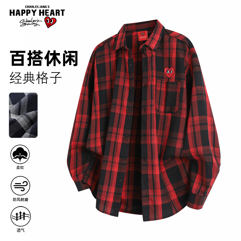 查尔斯桃心美式复古翻领长袖衬衫