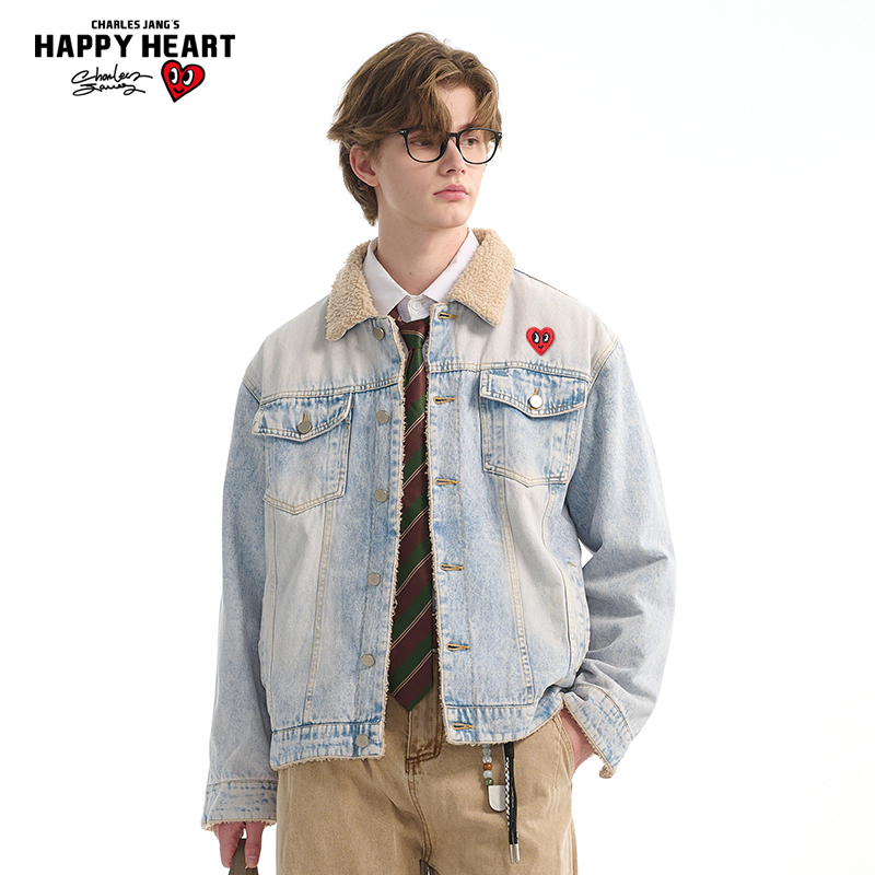 查尔斯桃心复古羊羔绒牛仔外套男