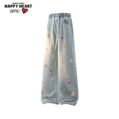 查尔斯桃心加绒加厚牛仔裤男女冬季宽松直筒裤子美式高街阔腿长裤