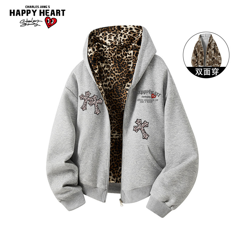查尔斯桃心豹纹十字架印花双面穿开衫卫衣男女春秋季休闲百搭外套
