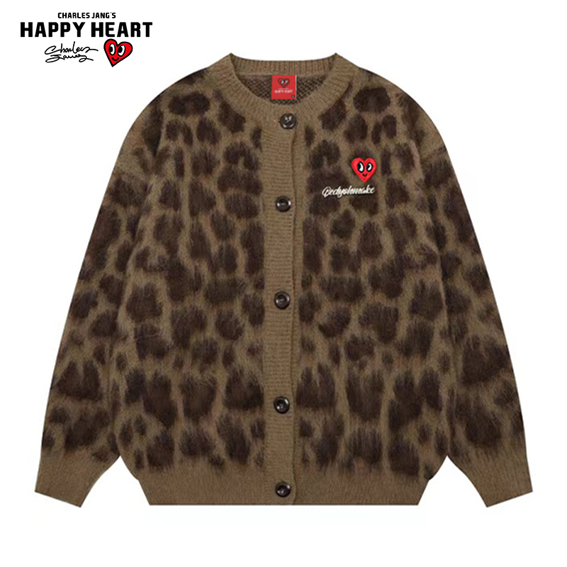 查尔斯桃心豹纹开衫毛衣情侣外套