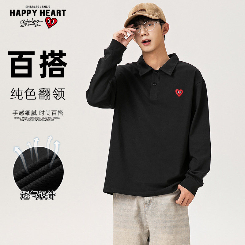 查尔斯桃心美式POLO领卫衣男春秋季新款纯色套头百搭宽松潮牌上衣