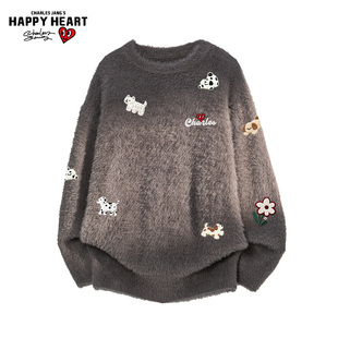 查尔斯桃心水貂绒圆领毛衣男女冬季小狗印花慵懒设计感针织上衣潮
