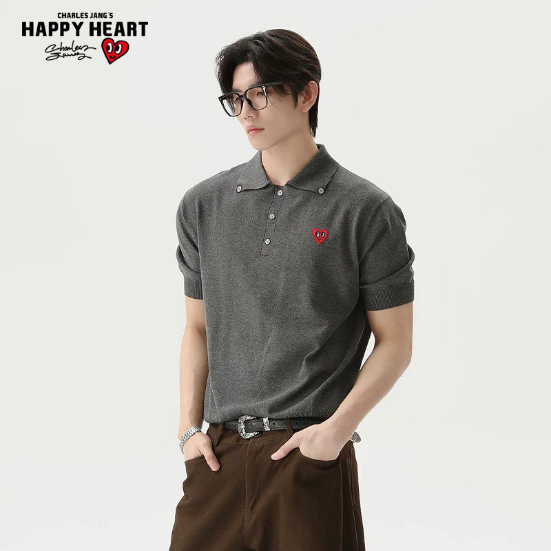 查尔斯桃心 美式复古老钱风短袖POLO衫男夏季百搭新款翻领休闲T恤