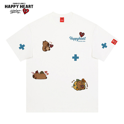 查尔斯桃心 美式街头卡皮巴拉重工印花圆领休闲纯棉短袖t恤男情侣