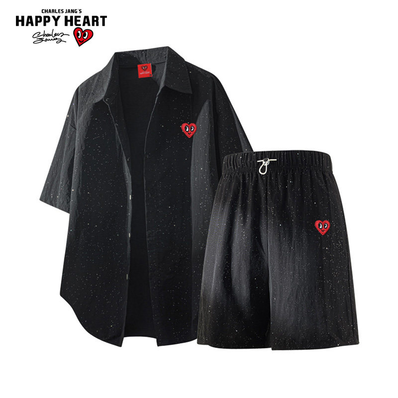 查尔斯桃心 满天星夏季套装男女短袖衬衫衬衣休闲五分短裤两件套