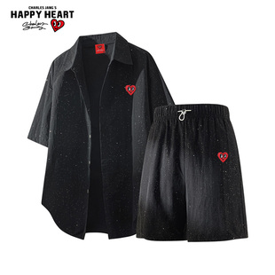 满天星夏季 衬衣休闲五分短裤 套装 衬衫 两件套 男女短袖 查尔斯桃心