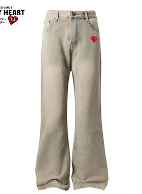 查尔斯桃心美式弯刀牛仔裤男秋冬季磨白重磅爱心刺绣阔腿长裤子