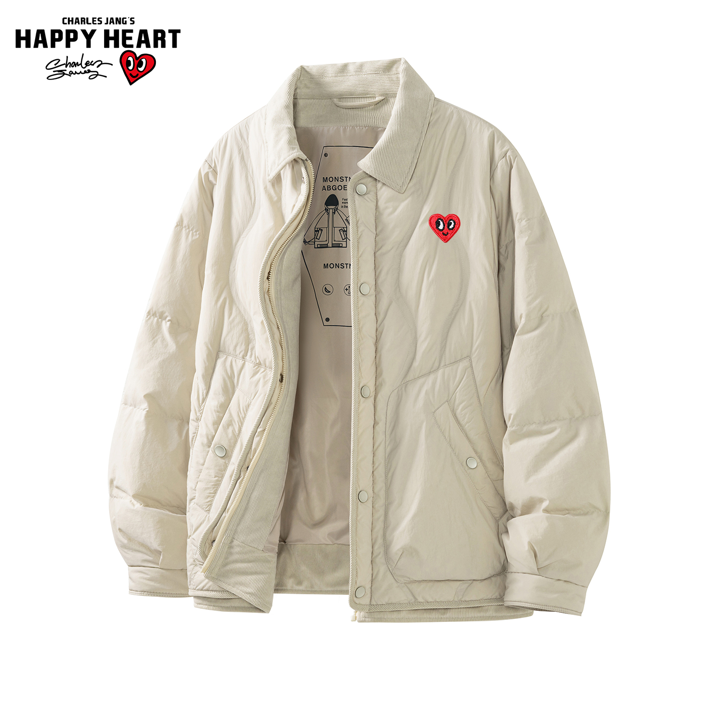 查尔斯桃心 90绒翻领羽绒服男冬季宽松保暖2025新款情侣外套衣服