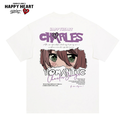 查尔斯桃心 美式复古手绘动漫字母印花纯棉圆领短袖t恤男女同款