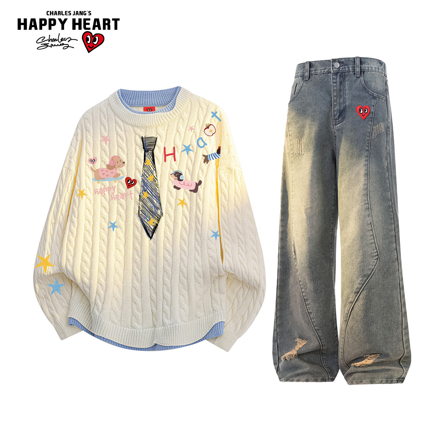 查尔斯桃心假两件圆领毛衣休闲套装男冬季新款解构牛仔裤两件套潮,男装,休闲运动套装,淘宝优惠券,粉丝福利购,淘宝优惠卷