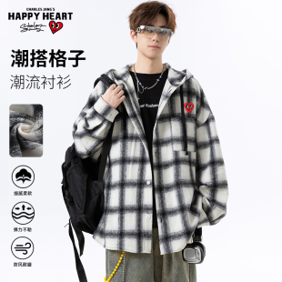 查尔斯桃心 美式磨毛绒感格子连帽长袖衬衫男女款春秋慵懒风外套