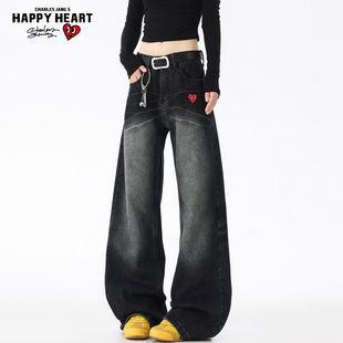 查尔斯桃心美式高街水洗牛仔裤男款春秋季潮牌休闲微喇弯刀长裤子