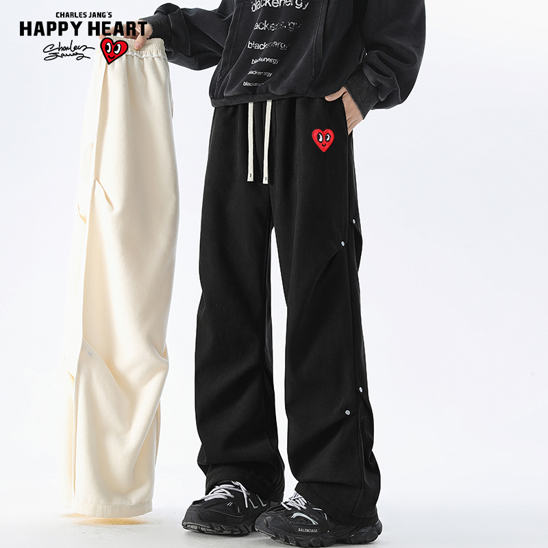 查尔斯桃心2025年春秋新款垂感加绒加厚休闲长裤子男情侣直筒宽松