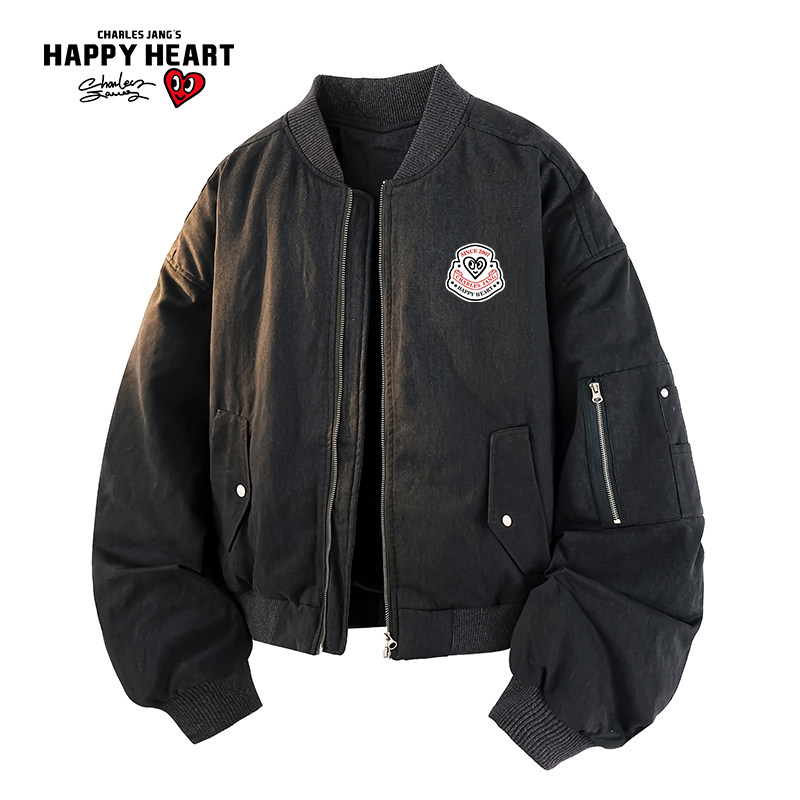 查尔斯桃心美式复古潮流冬季新款面包服机车棒球领情侣棉服外套