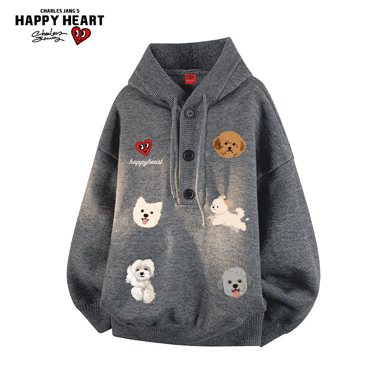 查尔斯桃心小狗印花连帽毛衣男女冬季新款宽松休闲慵懒针织衫外套