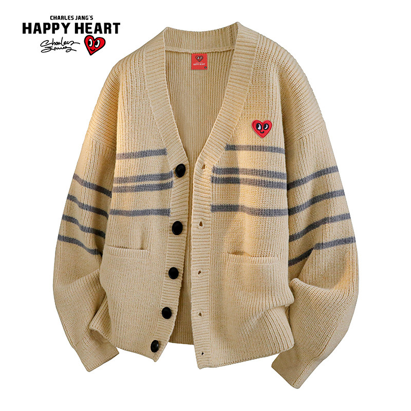 查尔斯桃心 拼色条纹纽扣针织衫春秋款百搭新款潮牌开衫毛衣外套,男装,针织衫/毛衣,淘宝优惠券,粉丝福利购,淘宝优惠卷