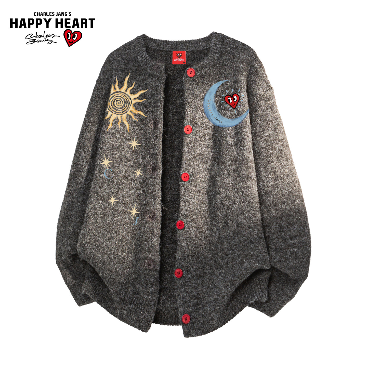 查尔斯桃心复古开衫毛衣男冬季新款日月印花潮牌情侣针织衫外套潮