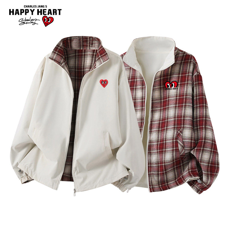 查尔斯桃心 拼色格子双面穿立领运动夹克男女春秋季防风情侣外套