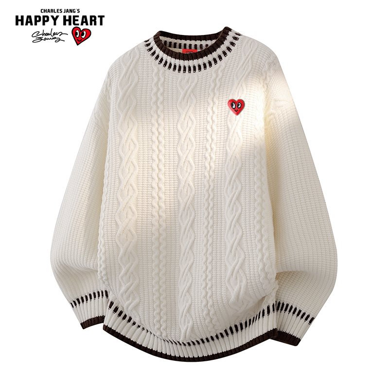 查尔斯桃心 复古麻花纹圆领毛衣男女秋冬季保暖针织衫百搭打底衫