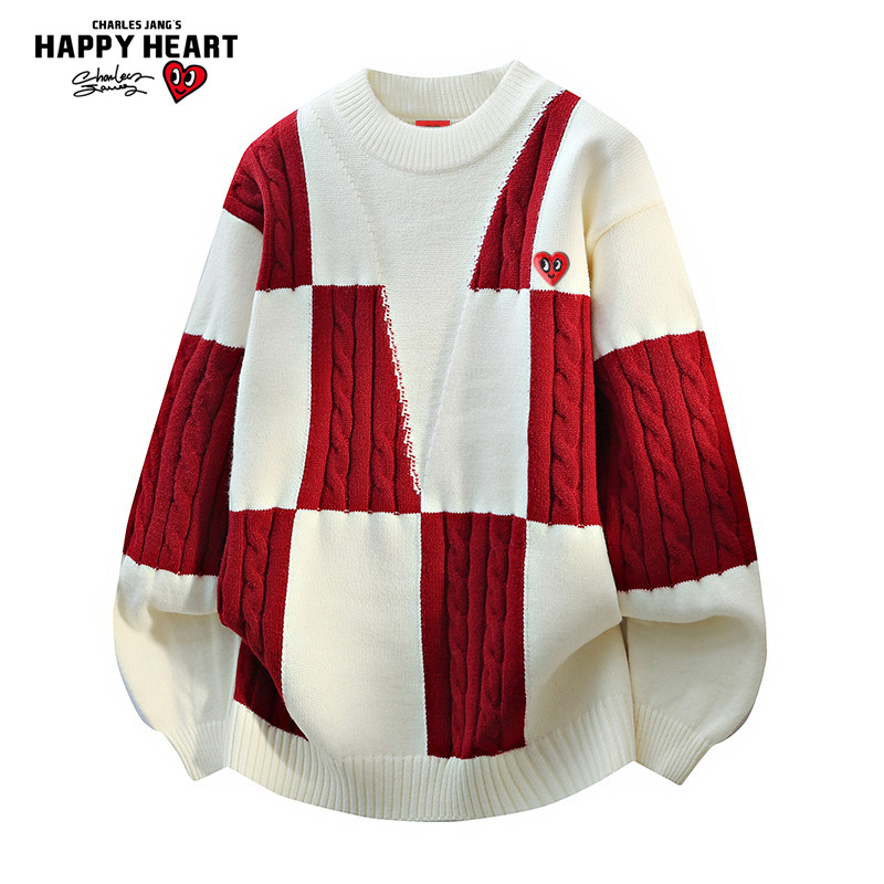 查尔斯桃心 美式慵懒风麻花毛衣男秋冬季圆领撞色休闲针织衫上衣