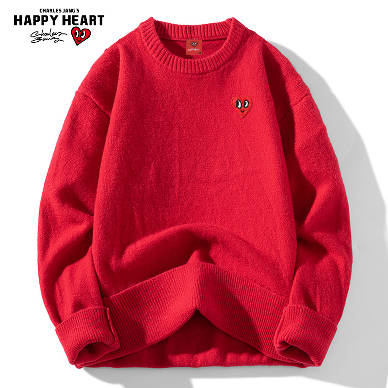 查尔斯桃心 绵羊绒红色圆领毛衣男2026秋冬季软糯宽松加厚针织衫