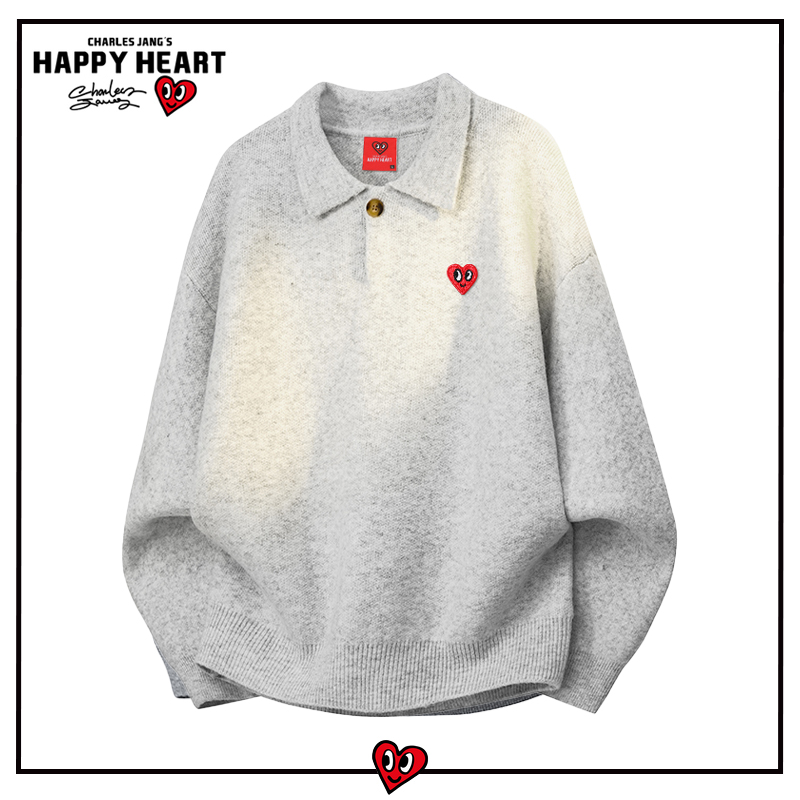 查尔斯桃心老钱风POLO领毛衣男女秋冬宽松情侣慵懒风针织衫上衣服