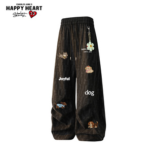 查尔斯桃心美式卡通小狗印花裤子男春秋2026新款宽松阔腿休闲长裤