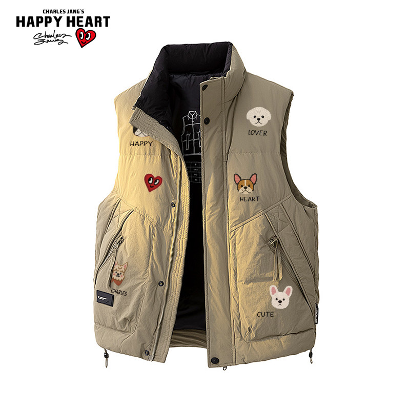 查尔斯桃心小狗印花立领无袖羽绒服男女冬季新款宽松休闲马甲外套