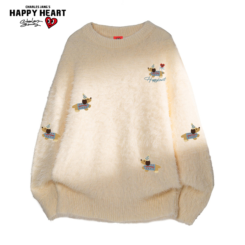 查尔斯桃心腊肠狗印花仿貂绒毛衣