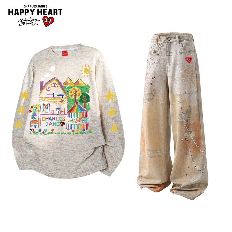 查尔斯桃心牛仔裤休闲运动套装男