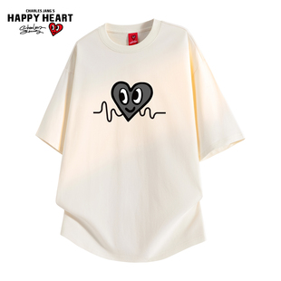 查尔斯桃心简约爱心印花纯棉短袖t恤男夏季新款潮牌百搭情侣上衣