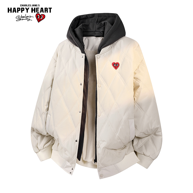 查尔斯桃心 假两件棉服男2025年冬季撞色拼接加厚保暖情侣款外套