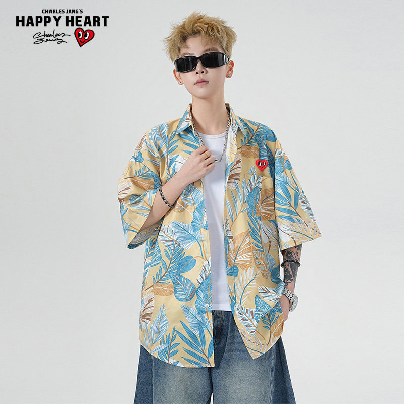 查尔斯桃心夏季短袖衬衫男薄款夏威夷复古沙滩花衬衣港风痞帅宽松