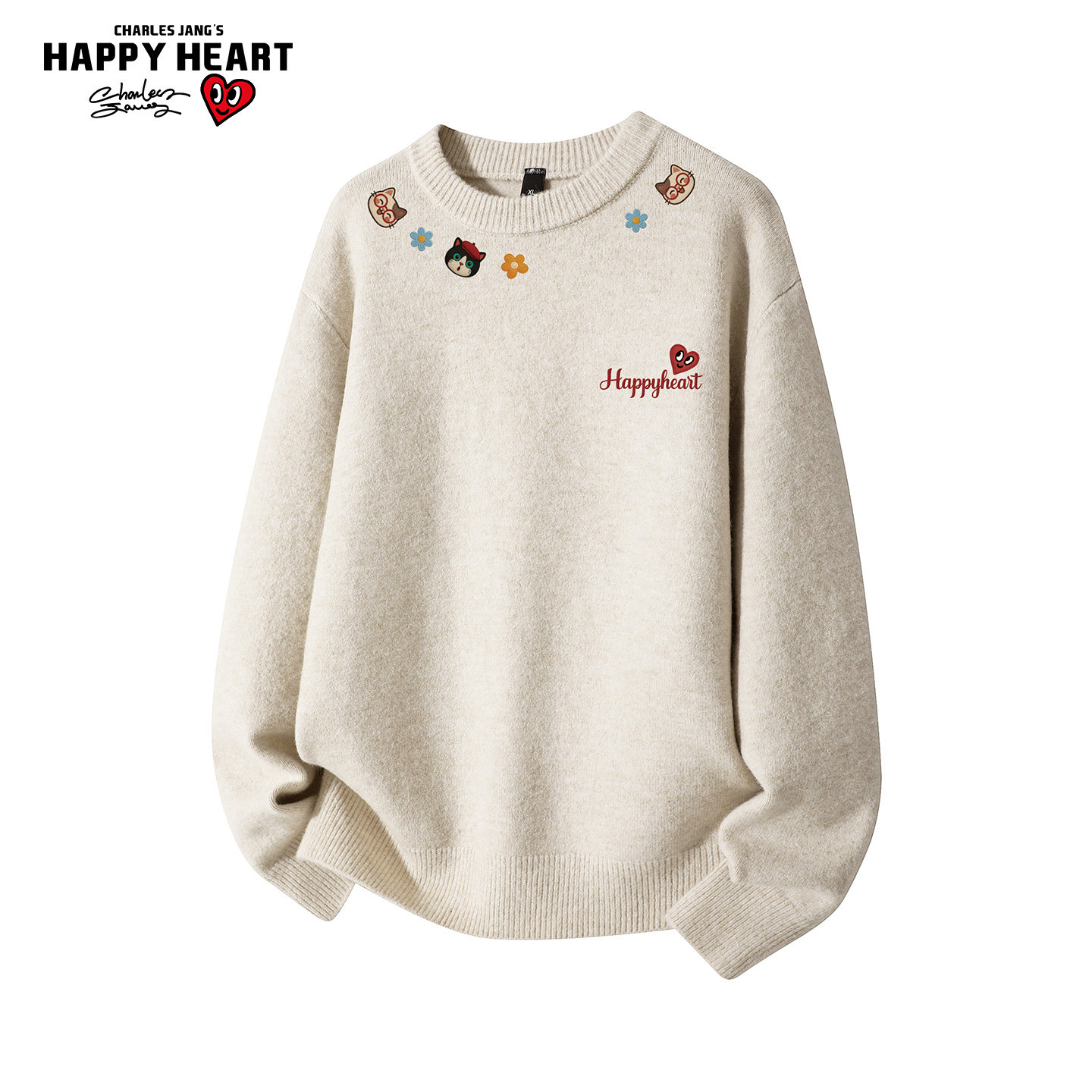 查尔斯桃心美式卡通印花圆领毛衣男女秋冬季宽松休闲保暖针织衫潮