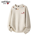 潮 宽松休闲保暖针织衫 查尔斯桃心美式 卡通印花圆领毛衣男女秋冬季